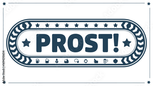 A decorative sign with the word prost and beer related icons in blue on a white background design