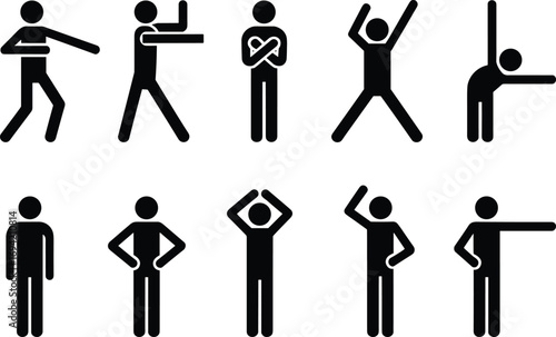  Stick figure silhouette illustration of human body poses, exercise movements, workout activities, yoga positions, fitness training, stretching actions, healthy lifestyle vector design