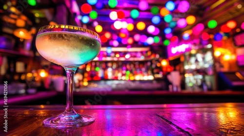 Effervescent champagne coupe on a bar illuminated by the vibrant hues of festive lights