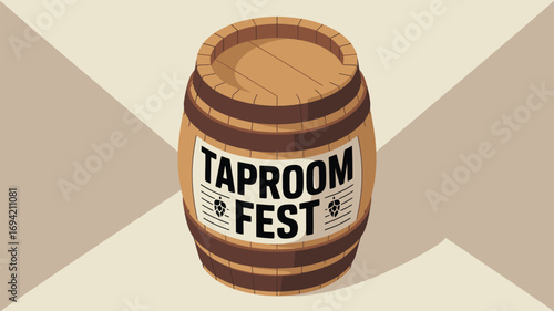 A cartoon style illustration of a wooden barrel with a taproom fest label on a light background