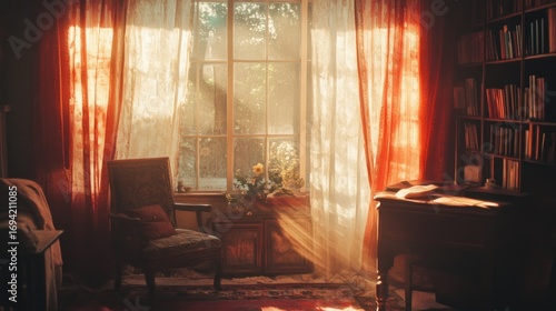 Sunlit serenity: Interior scene of a cozy room with vintage furniture and sheer curtains creating