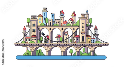 Quirky architectural illustration featuring buildings perched atop bridges spanning calm blue water creating whimsical cityscape backdrop