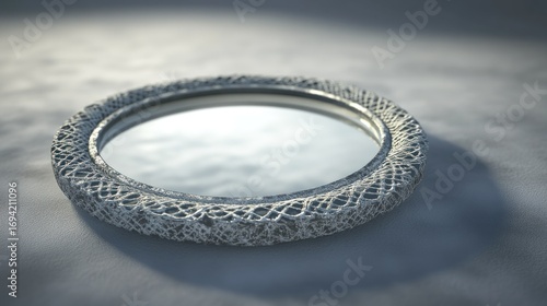 Ornate silver round mirror casting a shadow on a textured surface illuminated by soft light