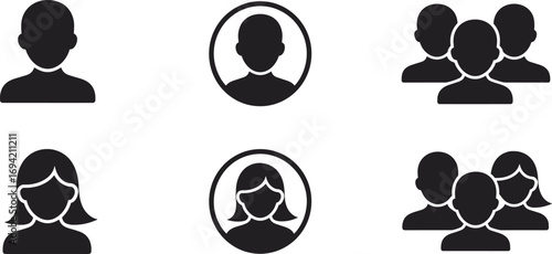 User profile icons vector illustration, male and female avatar symbols, group team silhouettes, people pictogram design, account login identification interface elements set