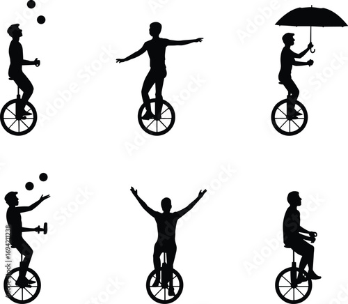 Unicycle rider silhouette vector collection with juggling, umbrella, balance poses, circus performance, street entertainment, cycling tricks, artistic stunt illustration, black design isolated