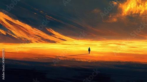 Solitude journey in a surreal landscape bathed in the golden hues of twilight