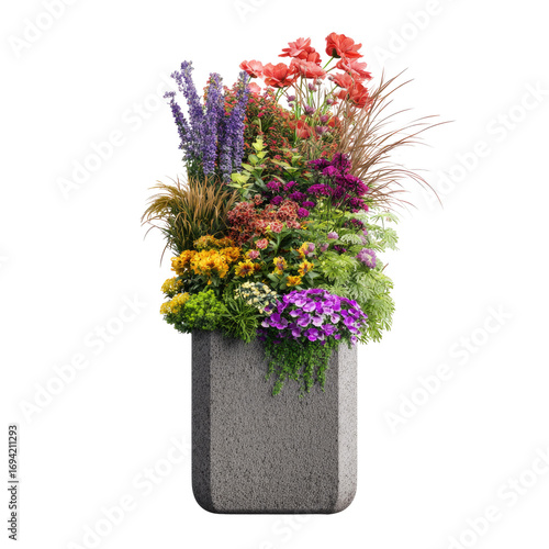 Tall grey textured planter with a rich, colorful assortment of various plants.