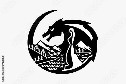 Fantasy illustration-emblem with mountain landscape, dragon and girl in ling dress, engraving style.