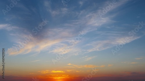 Warm evening on the seashore, sunset in the clouds, camera slowly turns up, footage of the velvet season on the shore of the warm sea