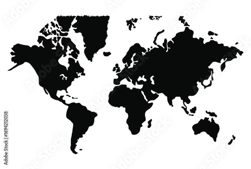 World map on a white background. Black map, continents, North and South America, Europe and Asia, Africa and Australia. Vector illustration.