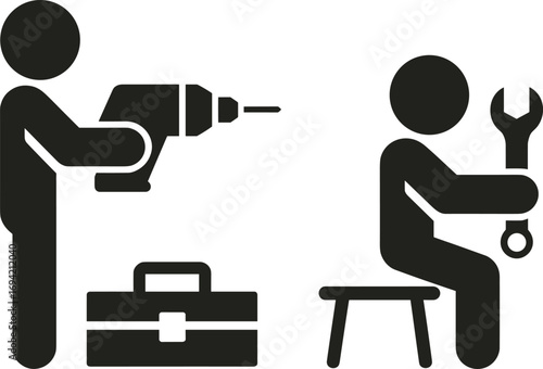  Vector illustration of worker silhouettes with drill, wrench, and toolbox, symbolizing repair, maintenance, construction, handyman service, mechanical work, engineering, and labor tools