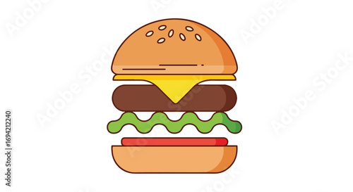 Stylized Burger Illustration with Clean Lines and Vibrant Colors on a White Background visual appeal