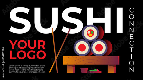 Banner or flyer with Sushi and Japanese cuisine, vector illustration. Design for Asian restaurants and takeaway food delivery services.