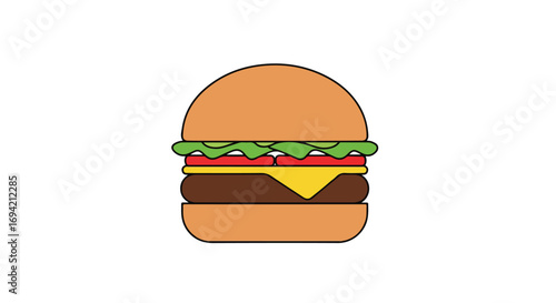 Stylized Hamburger Illustration with Classic Toppings, Simple Outline and Bright Colors, Isolated on White Background to Emphasize the Cleanliness