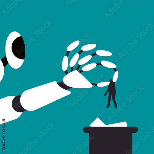 AI Robot hand throwing human to the trash can. Unemployment problem vector illustration.