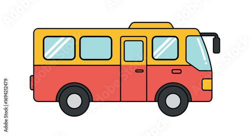 Stylized cartoon bus with yellow upper body and red lower body for transportation themes, children books and animated content