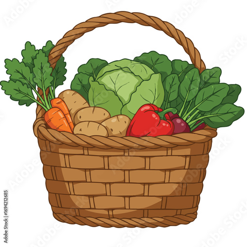 A rustic wicker basket is brimming with a bountiful harvest of fresh root vegetables and leafy greens, depicted in a smooth, flat 2D vector illustration on a clean white background.