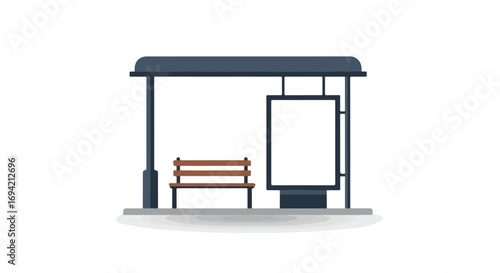 Stylized illustration of a bus stop with bench and blank advertisement display, waiting zone for passenger transportation