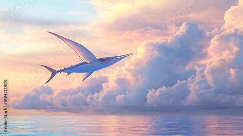 Surreal flying shark above the ocean with colorful clouds creating a tranquil scene
