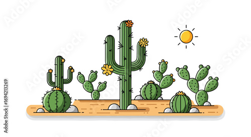 Cartoon Desert Landscape with Various Cactus Species and a Shining Sun Representing a Arid Environment with Minimalistic Style