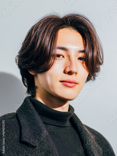 Soft Portrait of Long-Haired Korean Man in Black Shirt