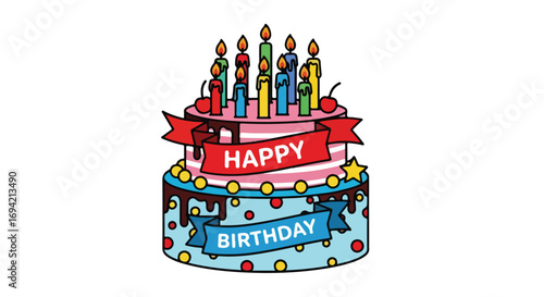 Festive Two-Tier Birthday Cake with Colorful Candles and Playful Decorations for Celebration Joyfulness