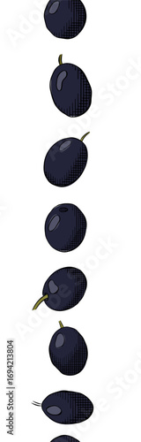 Olive line endless border. Olive black berry seamless vertical border. Vector graphic line ink colored illustration. Mediterranean farm Minimal linear pattern for oil design, food background.