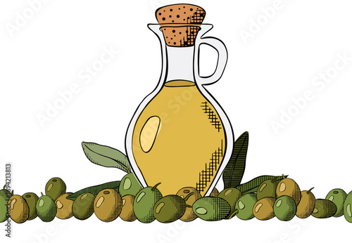Olive oil bottle with berries seamless horizontal border. Vector graphic line ink colored illustration. Design for olive oil, natural cosmetics, health care products. for package, textile, cards.