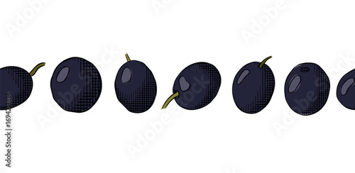 Olive line endless border. Olive black berry seamless horizontal border. Vector graphic line ink colored illustration. Mediterranean farm Minimal linear pattern for oil design, food background.