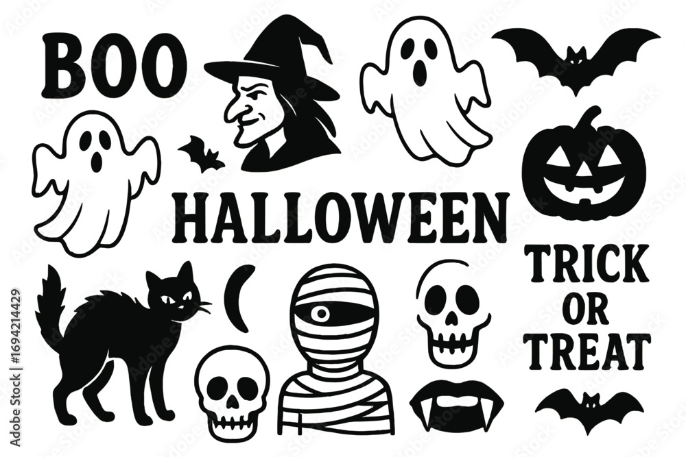 Obraz premium Halloween Icons Set – Ghosts, Witch, Pumpkin, Bat, Cat, Mummy, Skulls and Trick or Treat Symbols