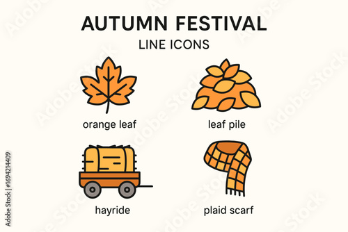 Autumn Festival Icons Set – Leaves, Leaf Pile, Hayride and Plaid Scarf Seasonal Symbols