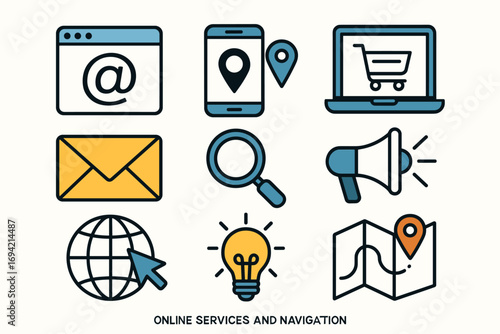 Online Services and Navigation Icons Set – Internet, Email, Shopping, Maps and Digital Marketing