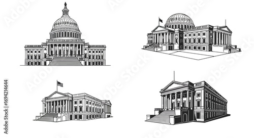 Collection of architectural drawings of capitol buildings isolated on white background, showcasing various perspectives and styles, perfect for architectural enthusiasts