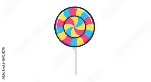 Vibrant and Playful Lollipop Illustration with Swirling Multicolor Design and Classic Stick Presentation on Plain Background