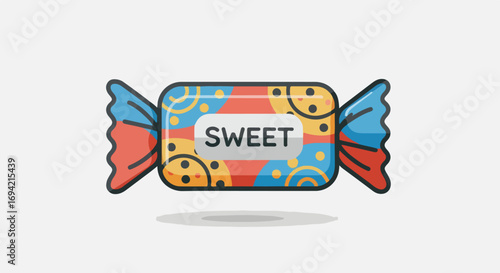 Cartoon candy wrapped with abstract shapes and vibrant colors ideal for confectionery or children's illustrations and designs