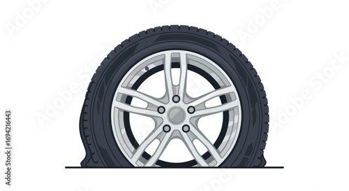 Depicting a car wheel in distress with a flat tire against a clean white background, highlighting vehicle maintenance needs and potential roadside