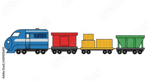 Whimsical train illustration with vibrant cars hauling goods suitable for children stories illustrations