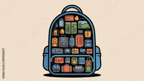 Illustration of a blue backpack filled with various items against a light beige background color