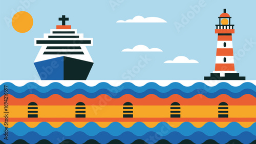 A cartoon illustration of a cruise ship and lighthouse on the sea under a sunny sky with clouds above