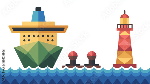 A cartoon image depicting a ship sailing on the ocean with a lighthouse and mooring bollards nearby