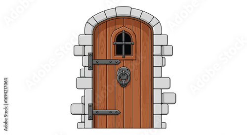 Enchanting cartoon illustration featuring a whimsical wooden castle door with stone archway and vintage metal detailing adding a touch of fantasy