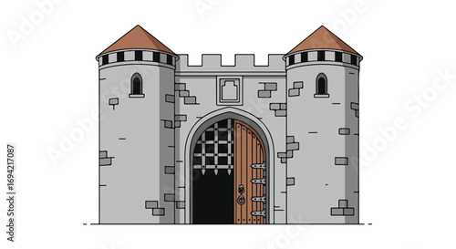 Illustration of an enchanting medieval castle gate with fortified towers and imposing wooden doors against a plain backdrop