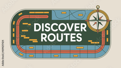 Discover routes graphic with compass and paths in blue green brown and beige color palette design style