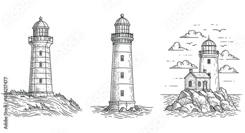 Three lighthouse sketches isolated on white background, each showing a different perspective and style, with detailed line work and shading, evoking a sense of nostalgia