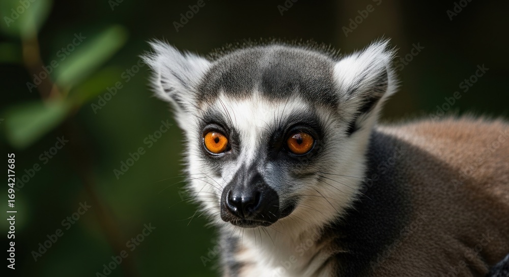 Obraz premium Ring-tailed lemur stares with striking amber eyes, against foliage