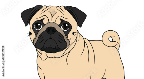 Cartoon pug portrait showcasing distinct features and charming expression set against a bright white background.  A delightful depiction of canine