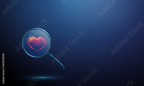 Blue 3d heart under a magnifying glass. Heart health, cardiology, monitoring, diagnosis, dating apps, relationship analysis, social connection concept.