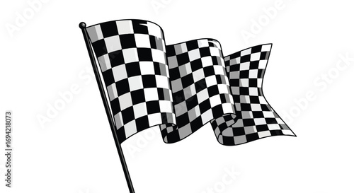 Dynamic Checkerboard Flag Illustration: Waving Symbol of Triumph and Competitive Motorsport Spirit Depicted on Clean White Background