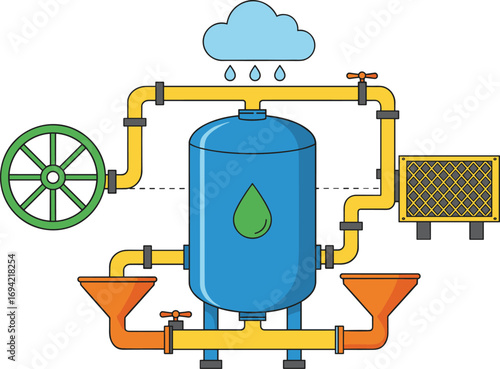 Colorful water filtration system, industrial filter illustration, clean water process, pipe network, green technology, rainwater system, eco design, fluid control