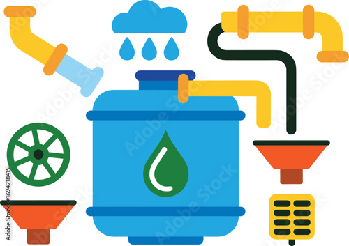 Colorful water filtration system, industrial filter illustration, clean water process, pipe network, green technology, rainwater system, eco design, fluid control